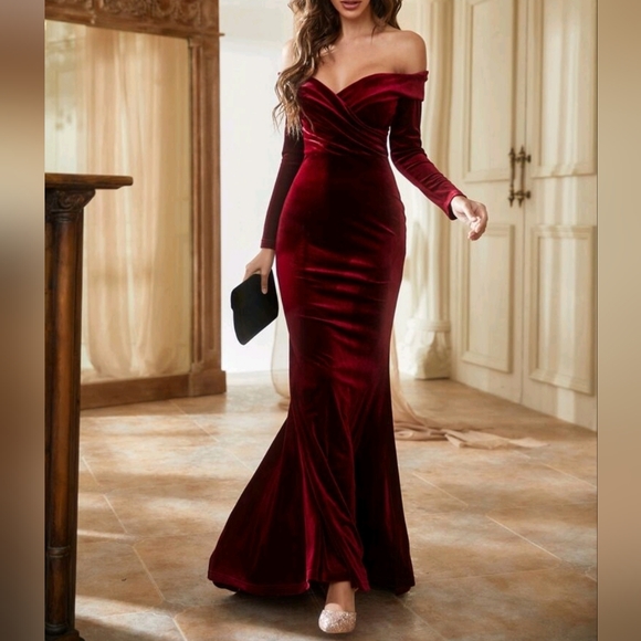 New Luxe Velvet Wrap Off Shoulder Formal Maxi Dress Burgundy Red - Picture 2 of 13
